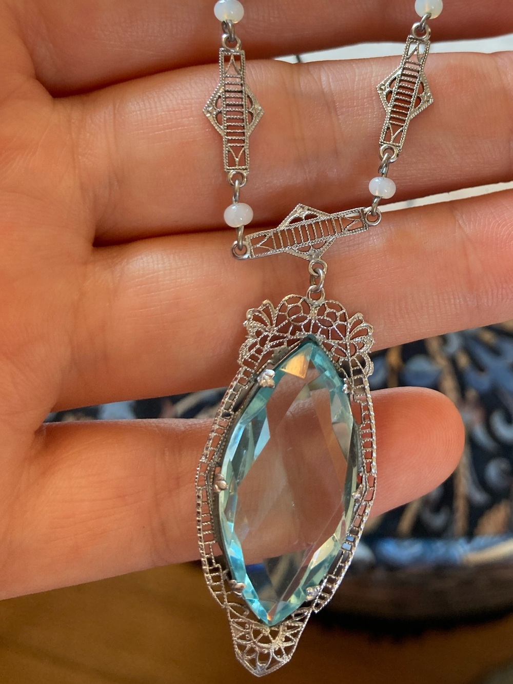 Antique Edwardian Choker Paste Aquamarine Blue Lavaliere Necklace “xxx” Motifs - Picture 4 of 16